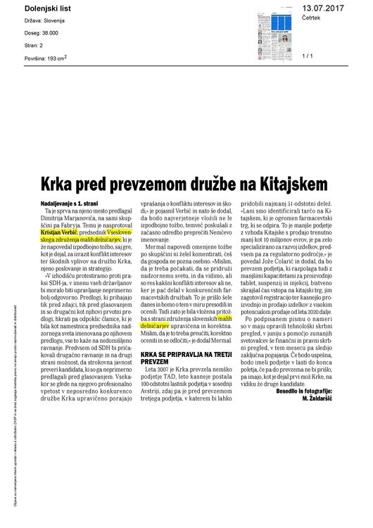 Krka pred prevzemom družbe na Kitajskem