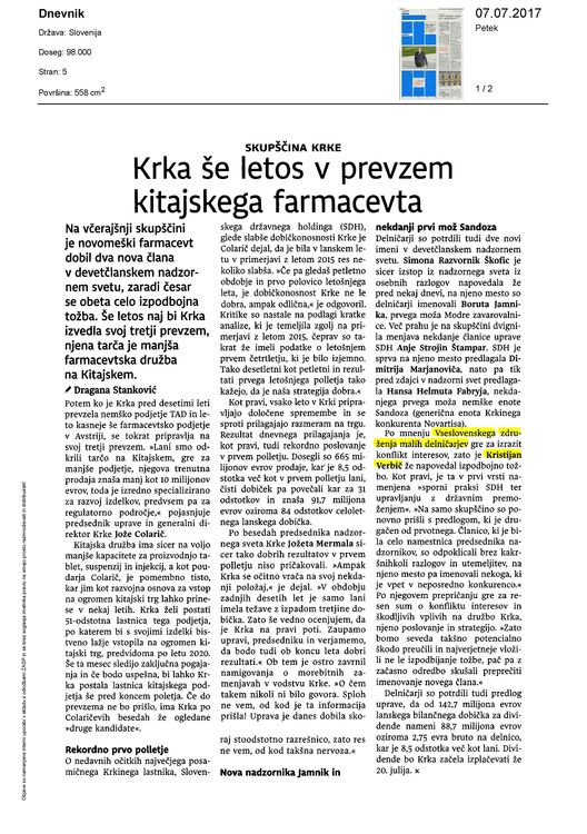 Krka še letos v prevzem kitajskega farmacevta Page 1