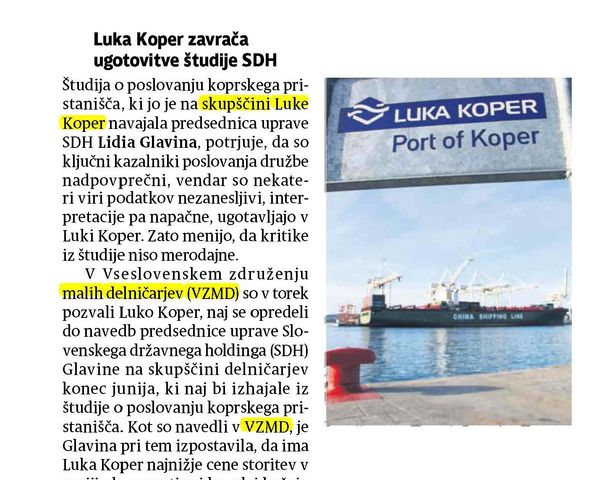 Luka Koper zavrača ugotovitve študije SDH