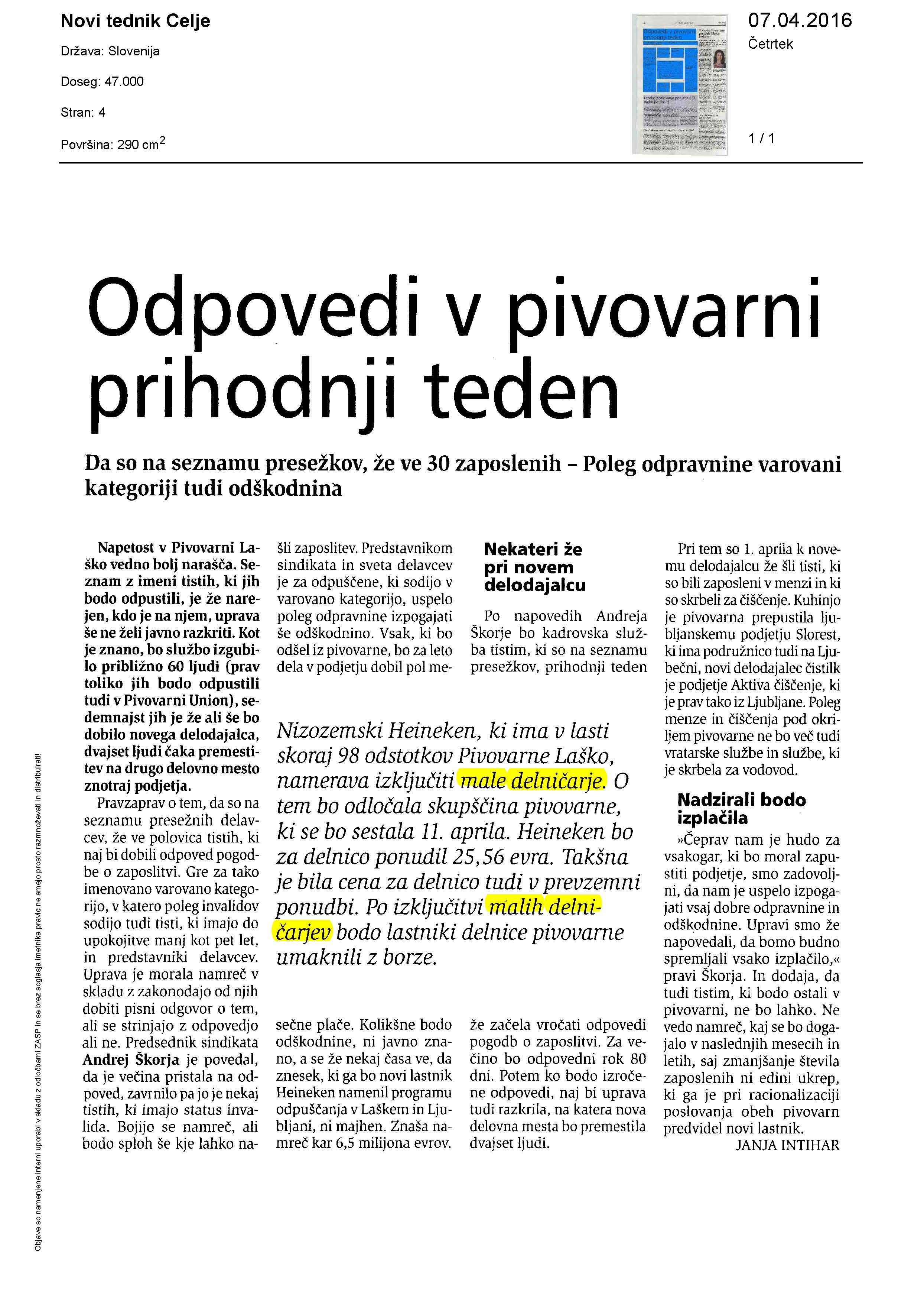 Odpovedi v pivovarni prihodnji teden