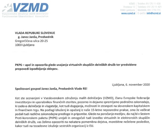 PKP6 apel in opozorila VZMD glede uvajanja virtualnih skupščin delniških družb ter predvidene prepovedi izpodbijanja sklepov