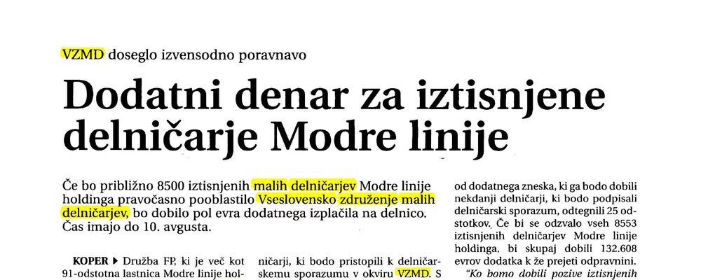 Primorske novice 2017 07 22 Dodatni denar za iztisnjene delničarje Modre linije 1