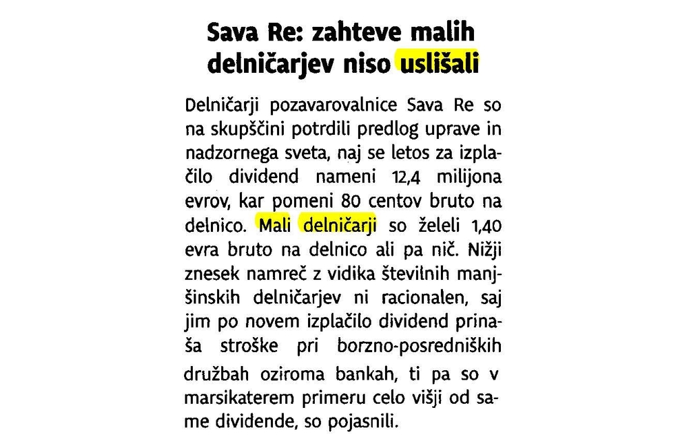 Sava Re zahteve malih delničarjev niso uslišali
