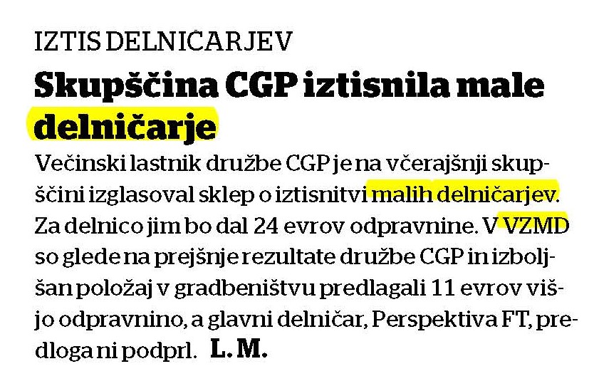 Skupščina CGP iztisnila male delničarje