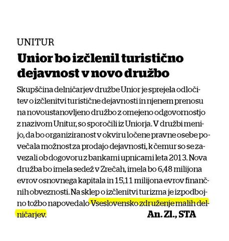 Unior bo izčlenil turistično dejavnost v novo družbo