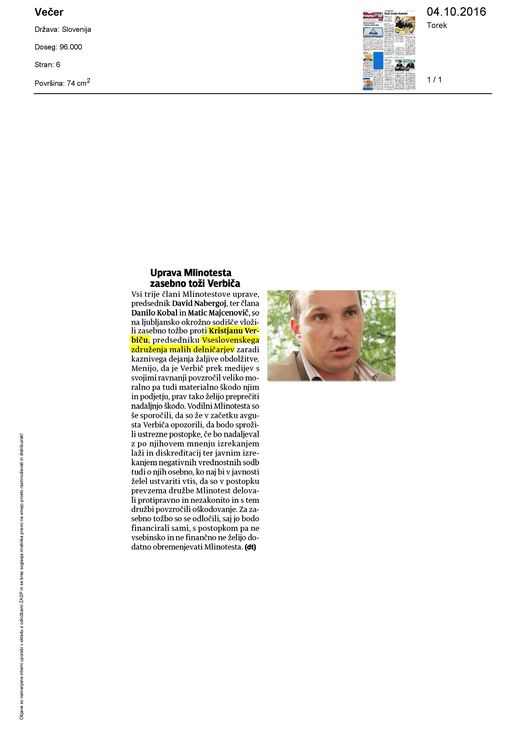 Uprava Mlinotesta zasebno tozi Verbica