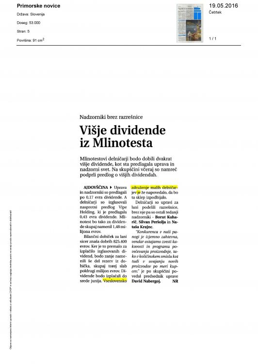 Visje dividende iz Mlinotesta