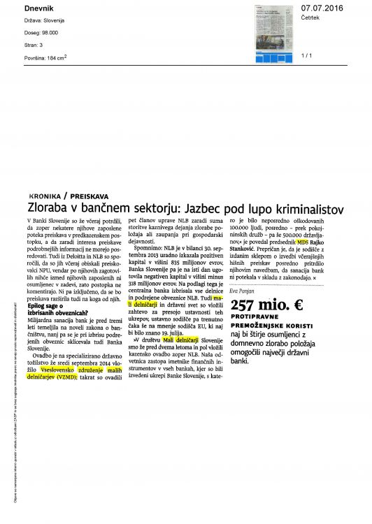 Zloraba v bančnem sektorju Jazbec pod lupo kriminalistov