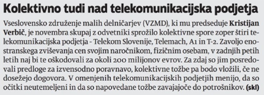 večer kolektivno tudi nad telekomunikacijska podjetja