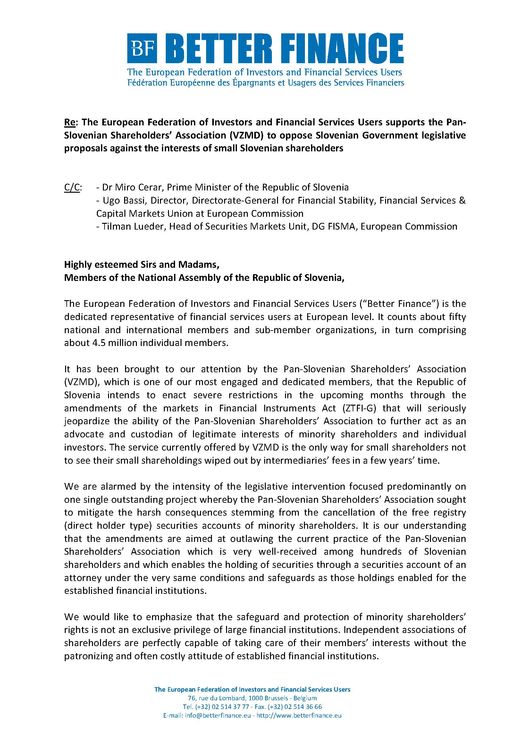 Open Letter to Slovenian MPs in support of individual shareholders Page 1