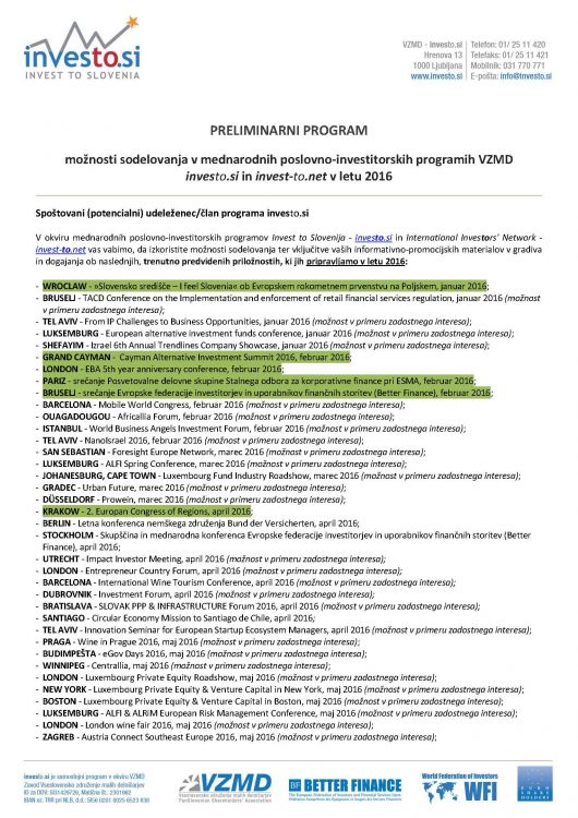 PROGRAM moznosti sodelovanja v mednarodnih poslovno investitorskih programih investo si in invest to net v letu 2016 april Page 1