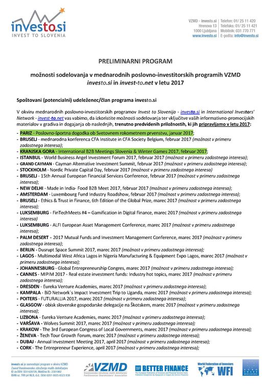 PROGRAM možnosti sodelovanja v mednarodnih poslovno investitorskih programih investo si in invest to net v letu 2017 web Page 01