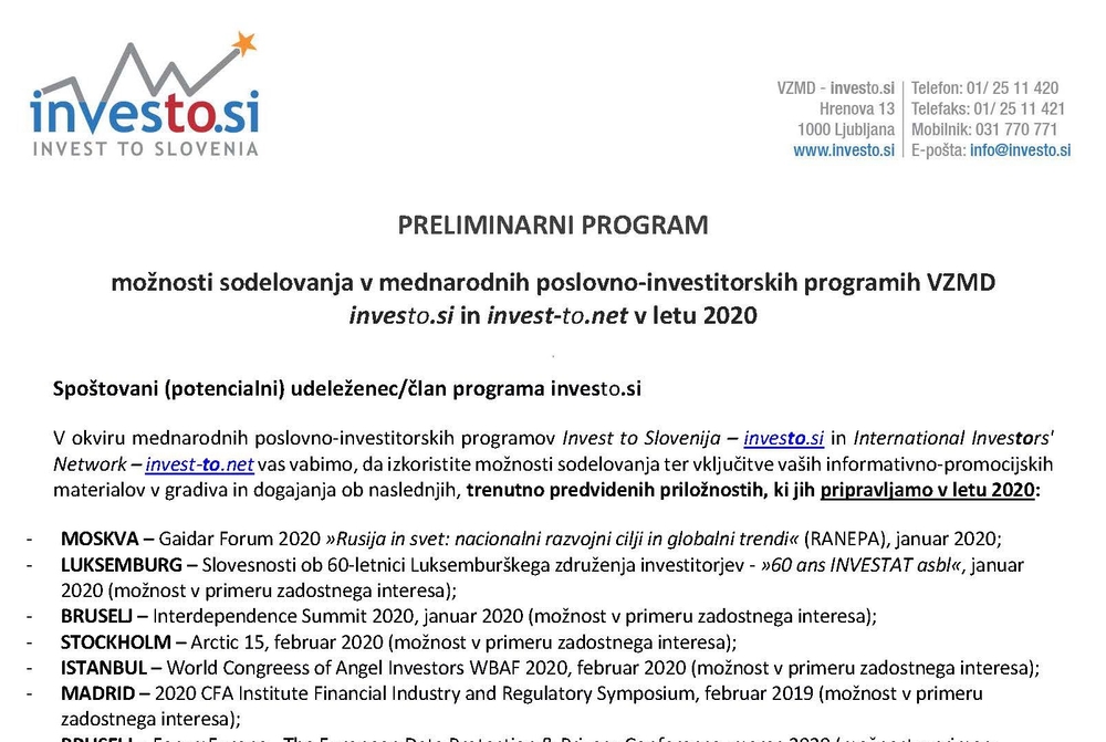 PROGRAM možnosti sodelovanja v mednarodnih poslovno investitorskih programih investo si in invest to net v letu 2020 Page 1