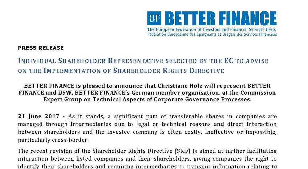 PR INDIVIDUAL SHAREHOLDER REPRESENTATIVE SELECTED BY EC TO ADVISE ON IMPLEMENTATION SRD 150917