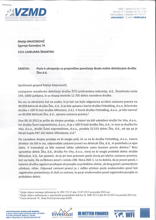 Poziv k ukrepanju za preprecitev povecanja skode malim delnicarjem družbe zito Page 1