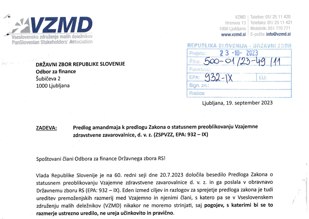 Predlog amandmaja VZMD k predlogu ZSPVZZ EPA 932 IX Stran 1