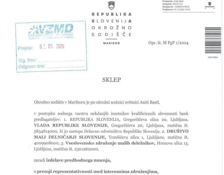 SKLEP SODIŠČA VZMD je edino reprezentativno združenje po ZPSVIKOB 1 Stran 01