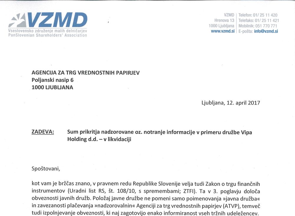 Sum prikritja nadzorne oz notranje informacije v primeru druzbe Vipa Holding Page 1