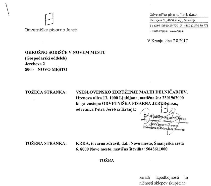 Tozba izpodbijanje sklepov skupscine 7.8.2017 prva stran