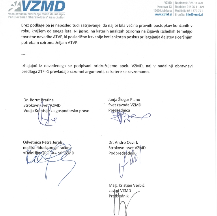 Uradni odziv strokovnih sodelavcev VZMD na nerazumno nasprotovanje Ministrstva za finance in ATVP konstruktivnim predlogom amandmajev v postopku sprejemanja ZTFI1 Page 1