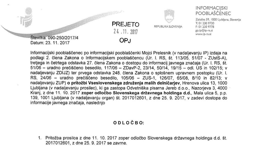 VZMD SDH INFORMACIJSKI POOBLAŠČENEC ODLOČBA 23.11.2017