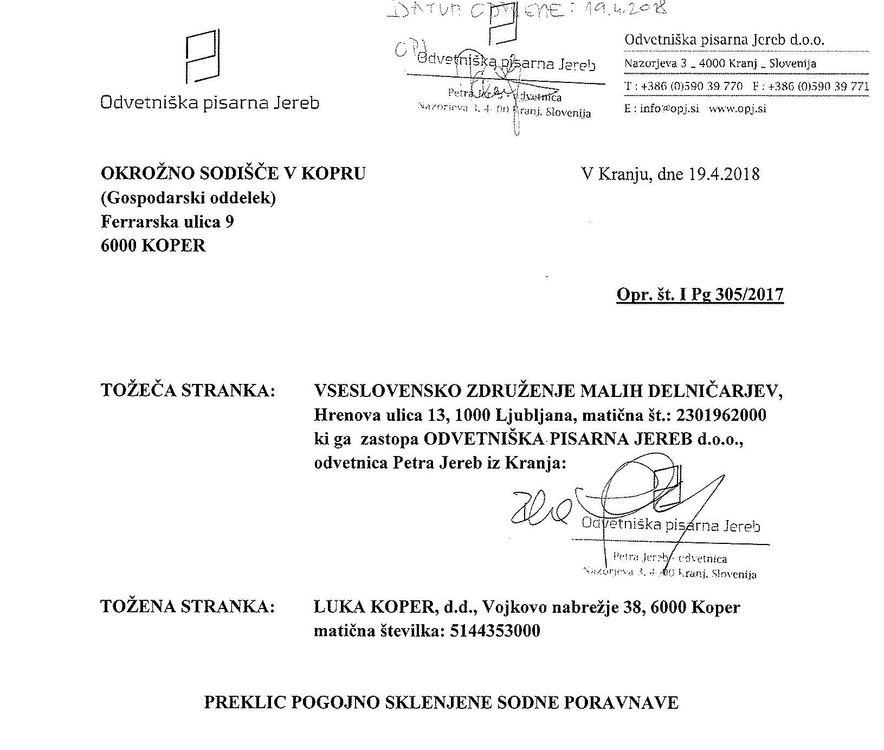 VZMD LUKA KOPER I Pg 305 2017 PREKLIC POGOJNO SKLENJENE SODNE PORAVNAVE Page 1