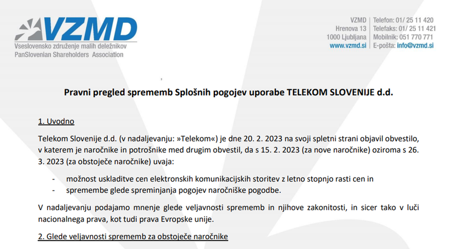 VZMD Pravni pregled sprememb Splošnih pogojev TELEKOM SLOVENIJE