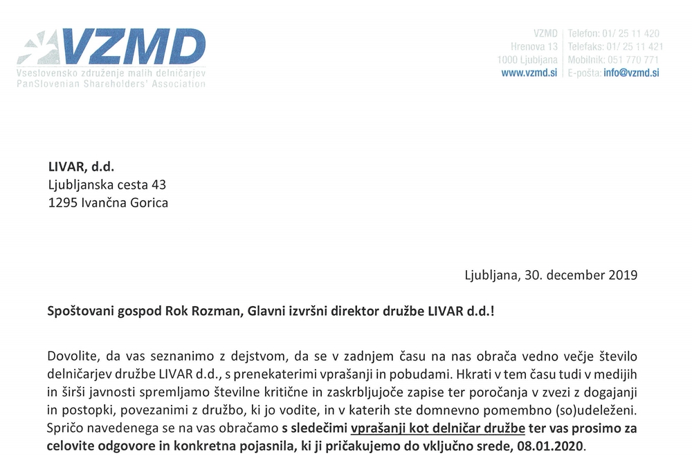 VZMD Rok Rozman Glavni izvrsni direktor druzbe prosnja za pojasnila in odgovore Page 1