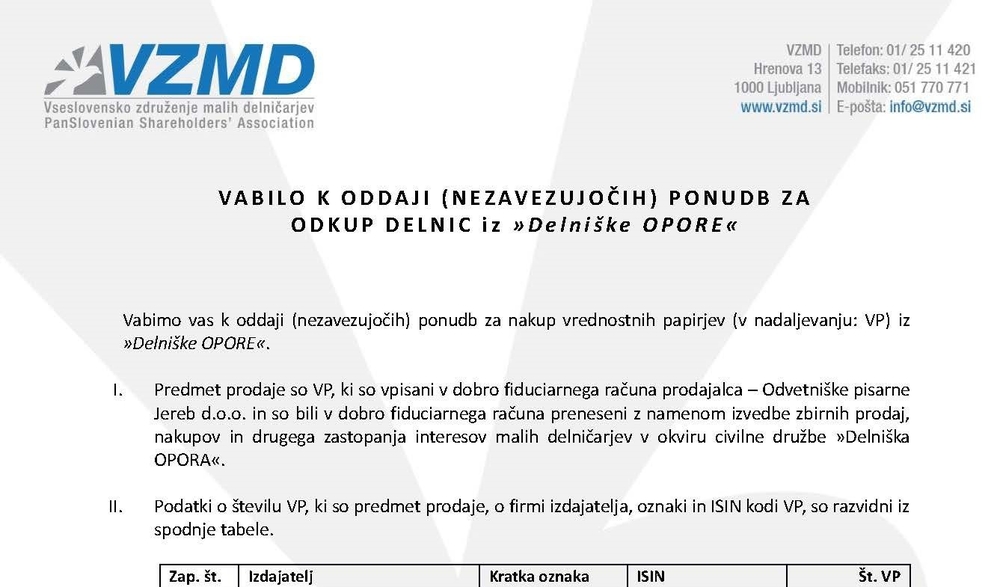 Vabilo k oddaji nezavezujočih ponudb za odkup delnic iz Delniške OPORE