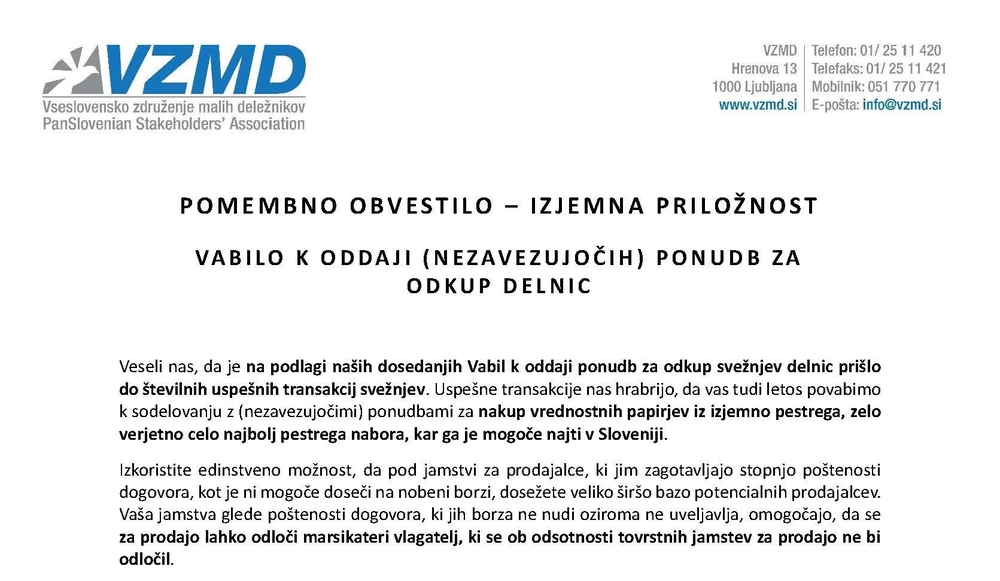 Vabilo k oddaji ponudb za odkup delnic pri Delniški OPORI 16 01 2024 Stran 1