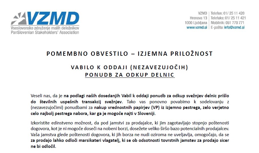 Vabilo k oddaji ponudb za odkup delnic pri Delniški OPORI 23 09 2024
