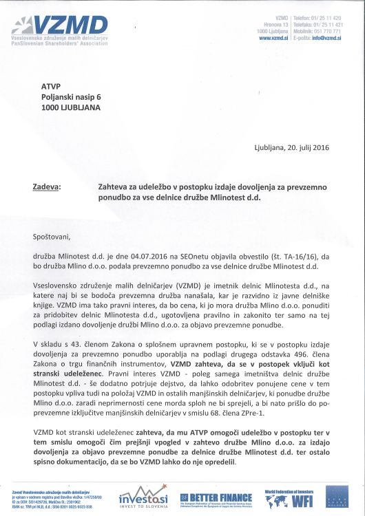 Zahteva za udelezbo v postopku izdaje dovoljenja za prevzemno ponudbo za vse delnice druzbe mlinotest Page 1