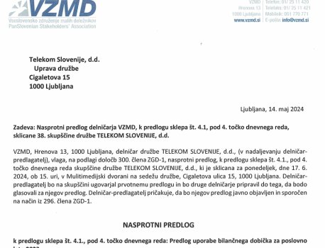 TELEKOM SLOVENIJE – VZMD vložil Nasprotni predlog za delitev 26 mio € dividend iz 66,5 mio € dobička konec 2023 – družba...